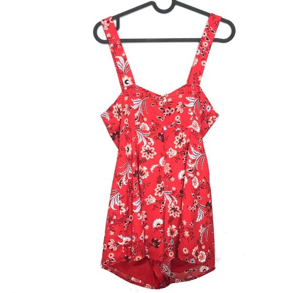 F21 Contemporary Red Floral Lace Up Tank Romper S - Picture 2 of 11